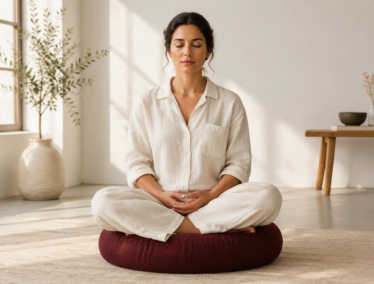 Persoană în meditație, așezată pe o pernă