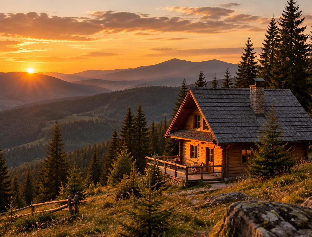 Casă de retreat din lemn în Carpați, la apus