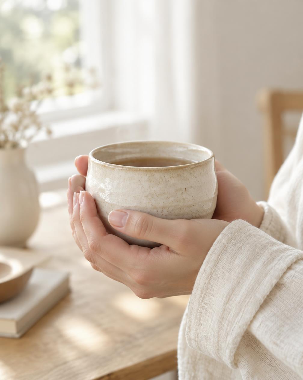 Mâini care țin o ceașcă de ceramică în lumina dimineții